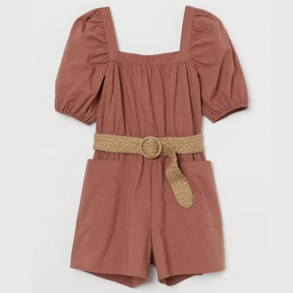 H&M Rust Brown Cotton Weave Puff Sleeve Playsuit - Picture 1 of 11